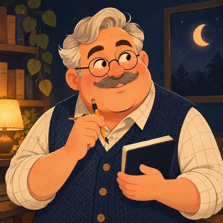 Arthur, a smiling cartoon narrator with silver hair, round glasses, a moustache, and a notebook