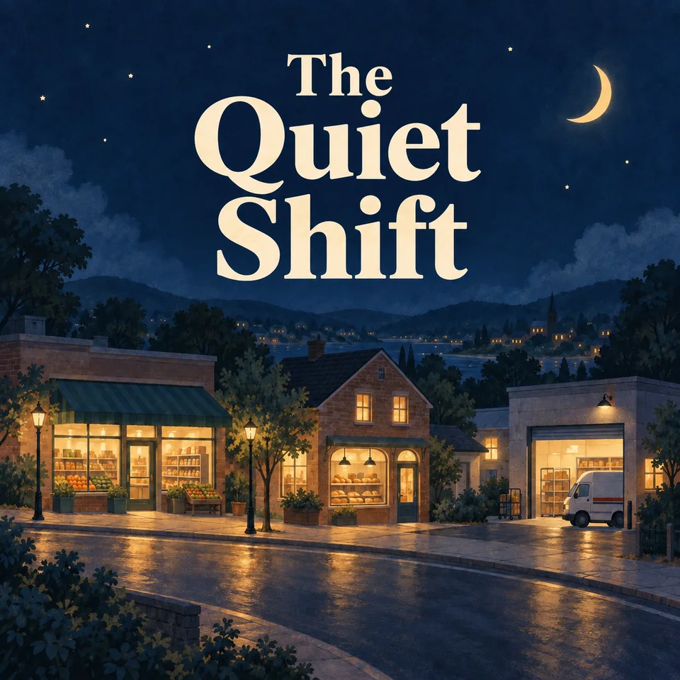 The Quiet Shift cover: a crescent moon over a neighborhood of softly lit shops