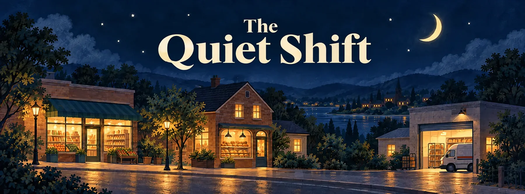 The Quiet Shift artwork: warm shop windows beneath a moonlit blue sky